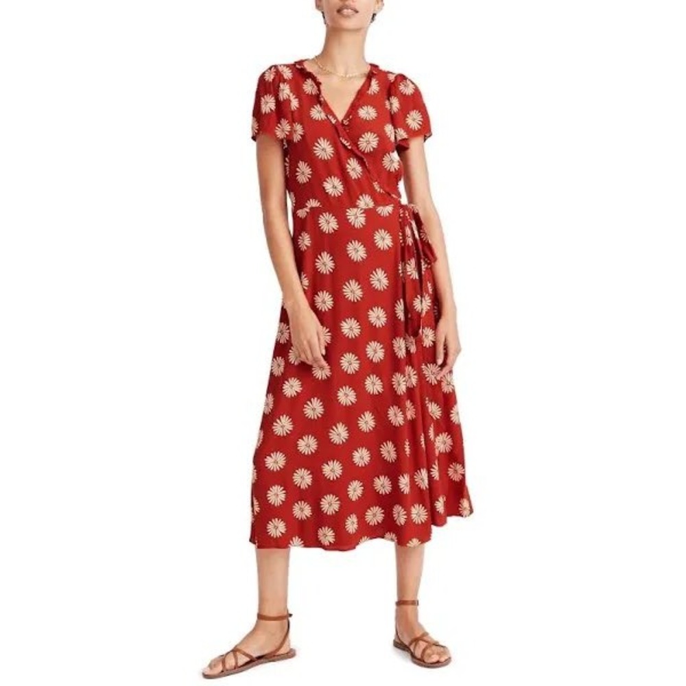 Madewell Daisy Ruffle Edge Wrap Midi Dress Womens Large EUC Red Puff Sleeve Boho